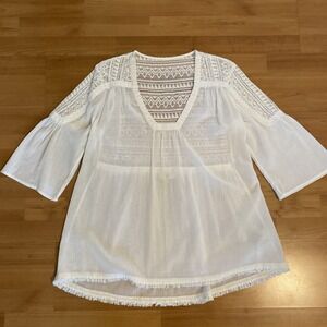 Fat Face Beachwear 100% Cotton Boho Popover Peasant Gauze‎ White Top -Size 10